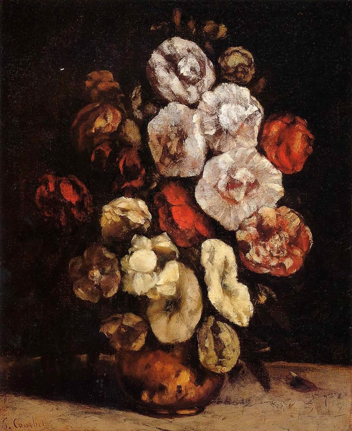 Gustave Courbet Hollyhocks in a Copper Bowl